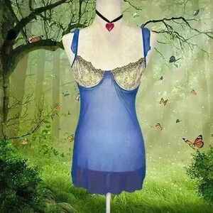 Brand New With Tags Fredericks Of Hollywood Blue Mesh Two piece Slip Dress Set